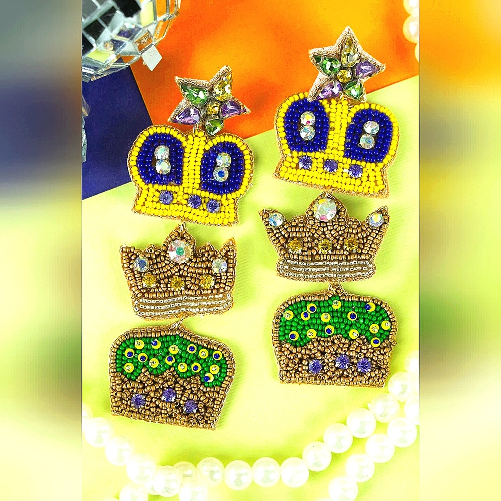Mardi Gras earrings seed bead bejeweled crowns